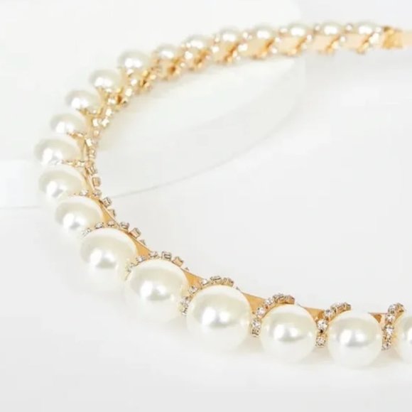 Lulu Accessories - Lulu's Pearl & Rhinestone Gold Headband Bride